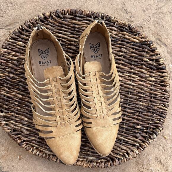 beast Shoes - Beast Fashion Women's Tan Weaved Flats Slit Cut Out Boho Woven Ankle Shoes 9.5‎